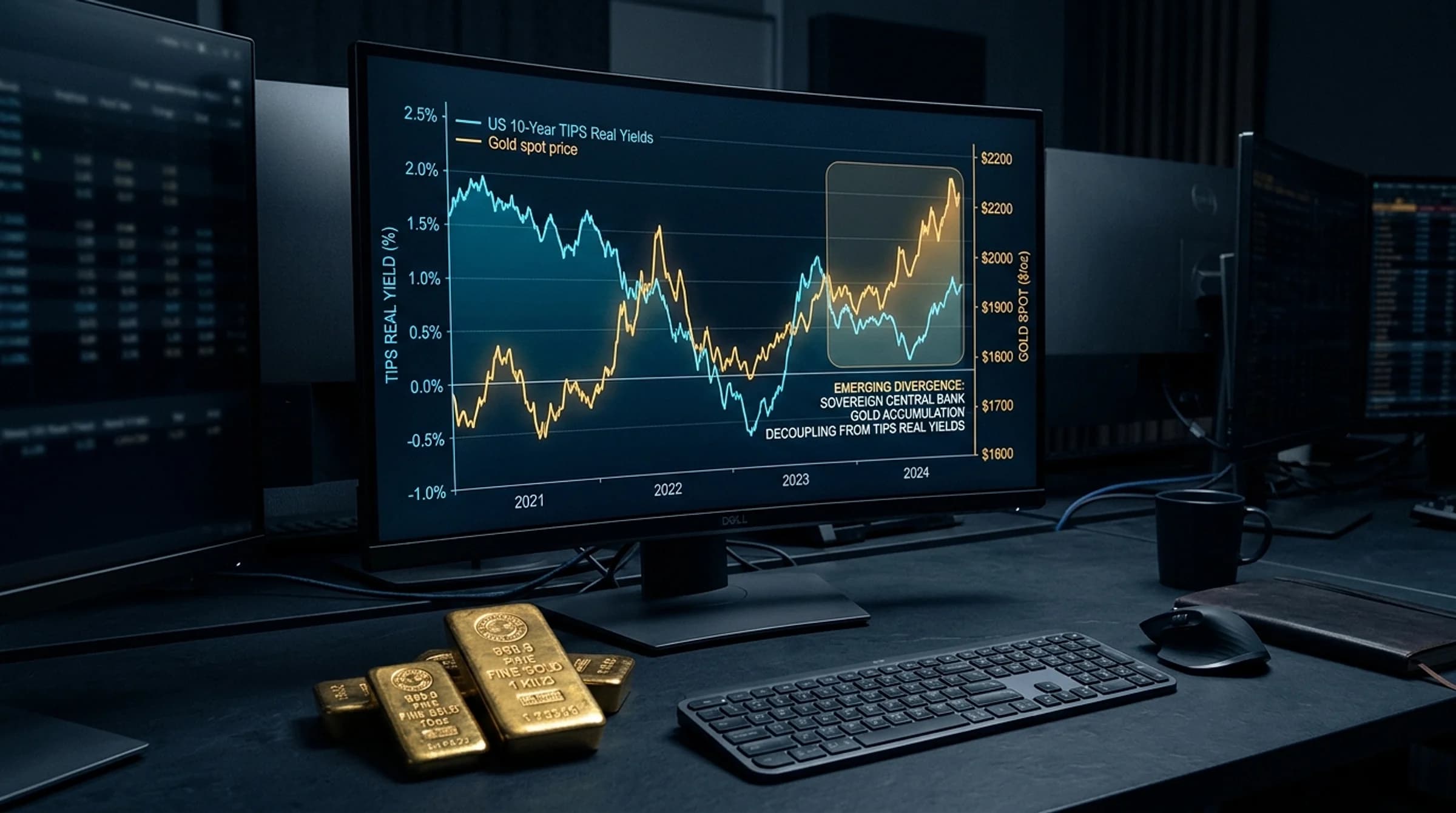 Gold price relationship with U.S. 10-Year TIPS real yields showing inverse valuation and structural reserve shifts