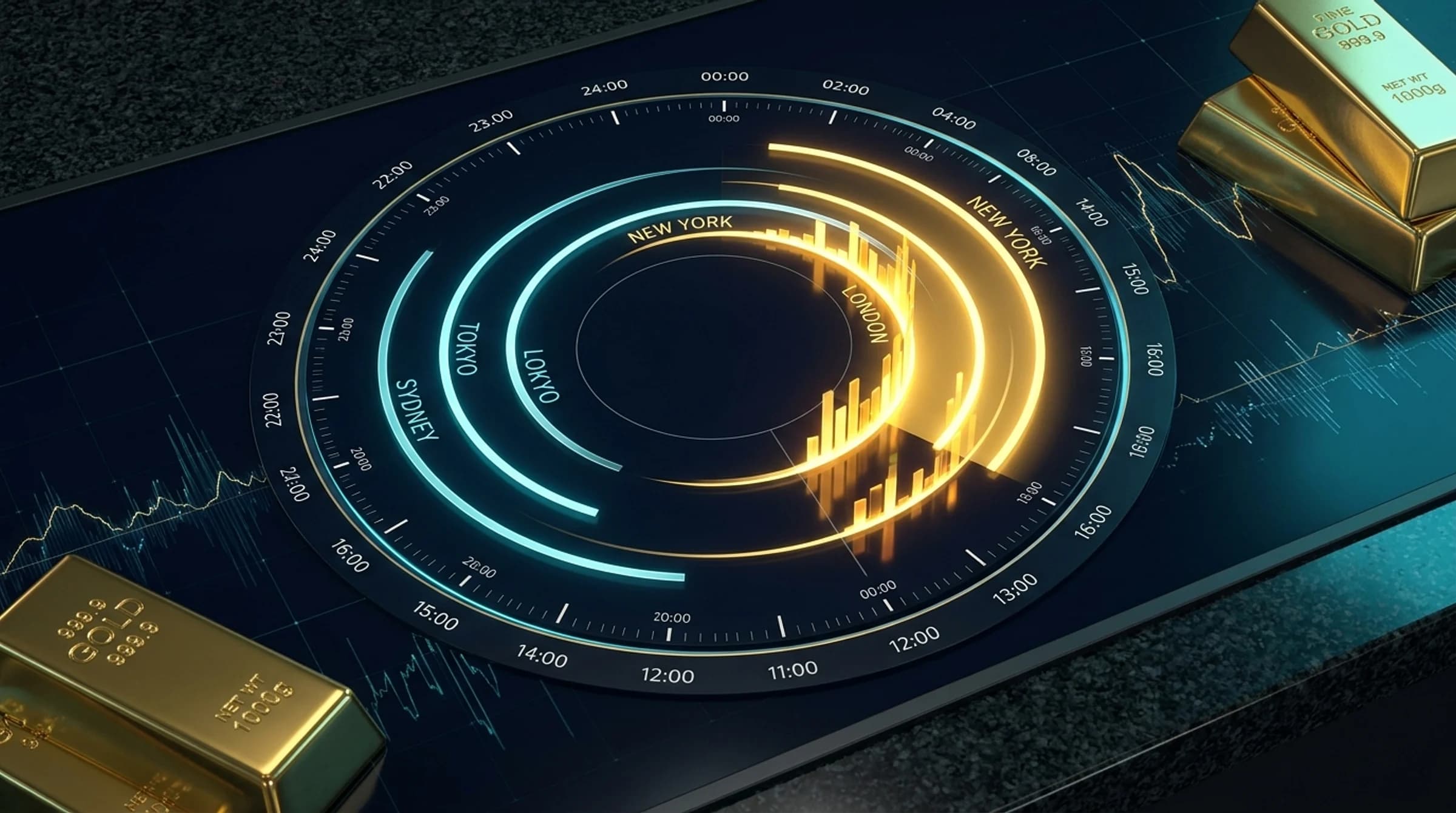 Global gold trading sessions clock illustrating Asian, London, and New York market hours and overlap kill zones