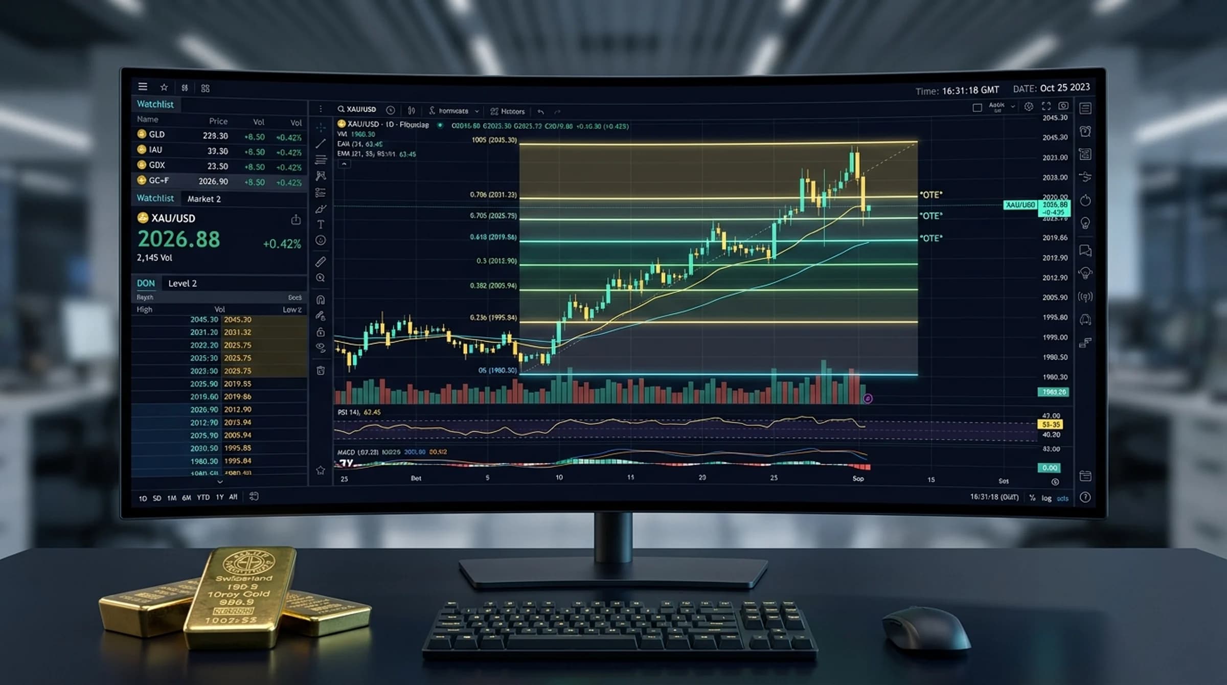 ICT Optimal Trade Entry (OTE) Fibonacci grid on gold illustrating the 0.618 to 0.786 retracement sweet spot