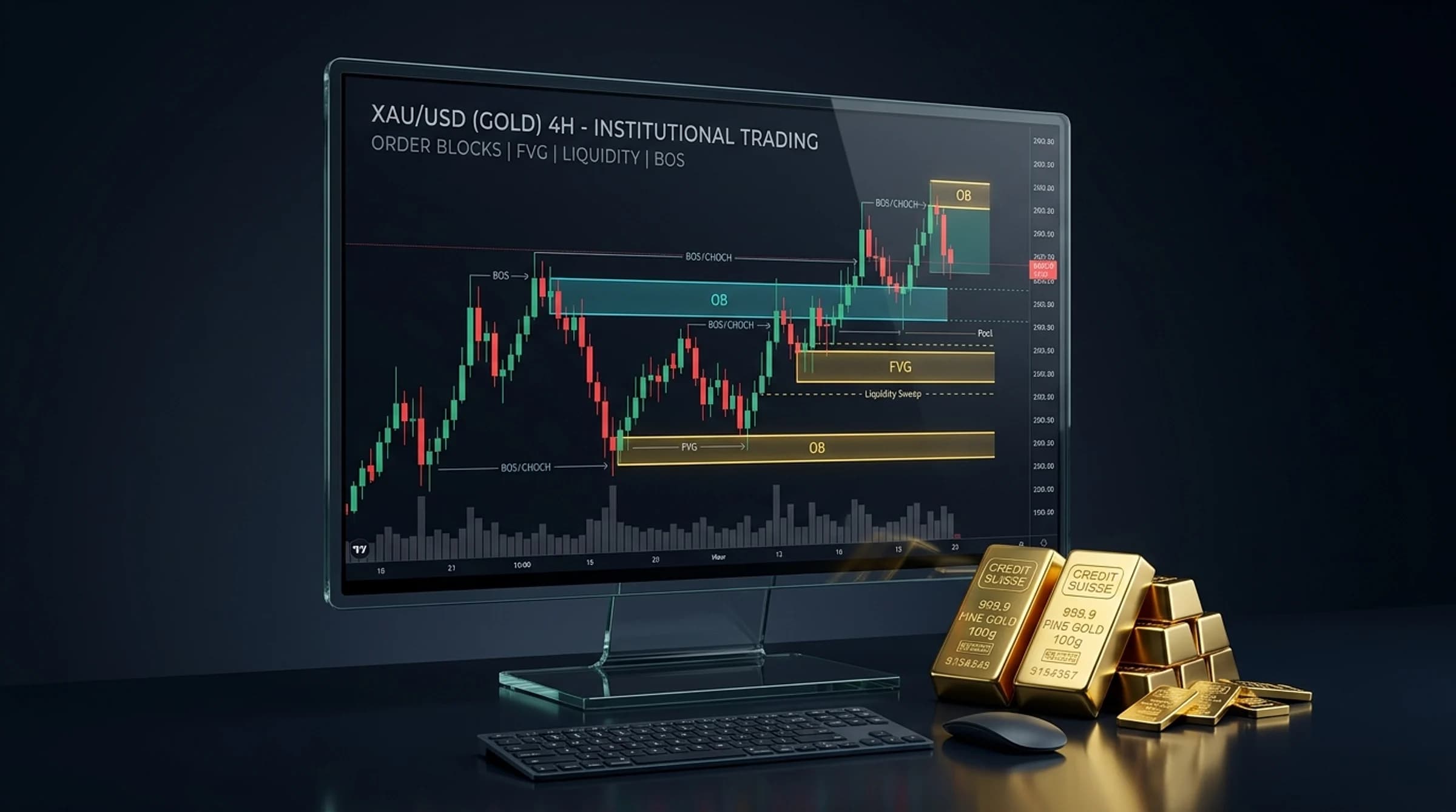 Inner Circle Trader and Smart Money Concepts gold trading schematic illustrating liquidity pools, order blocks, and market structure