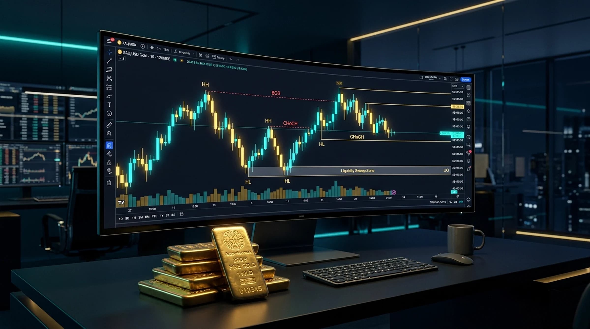 XAUUSD multi-timeframe market structure mapping showing higher highs, lower lows, and market structure shifts