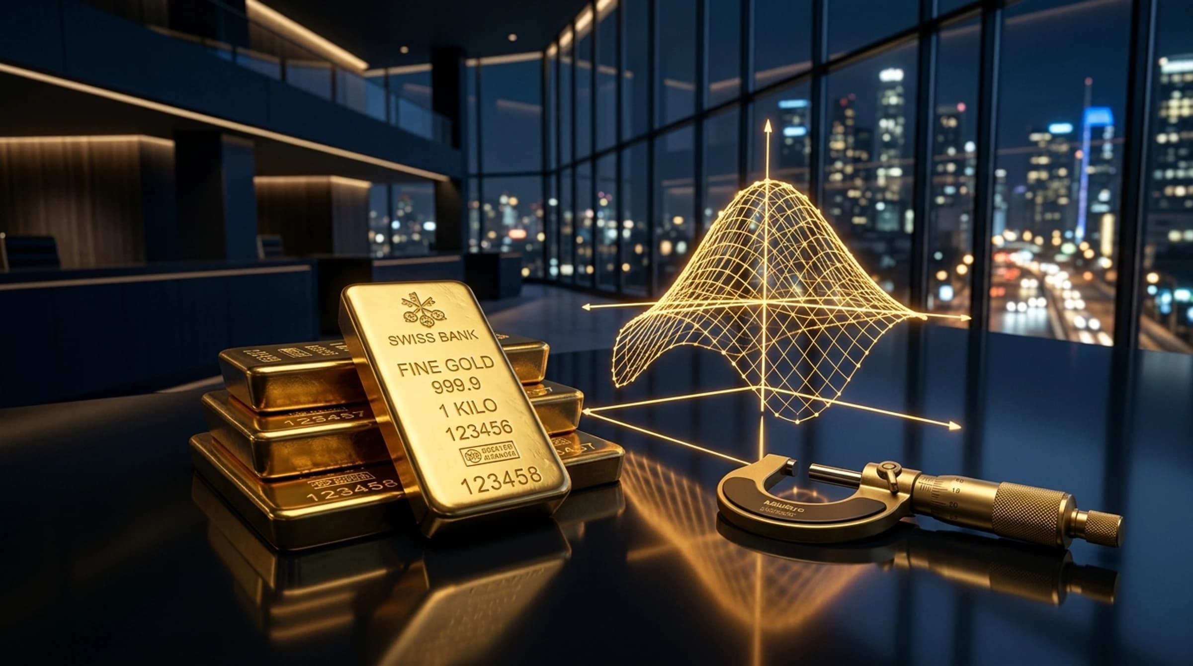 Institutional XAUUSD risk management model featuring 3D probability distribution surface, precision contract sizing caliper, and Swiss fine gold bullion on dark trading desk