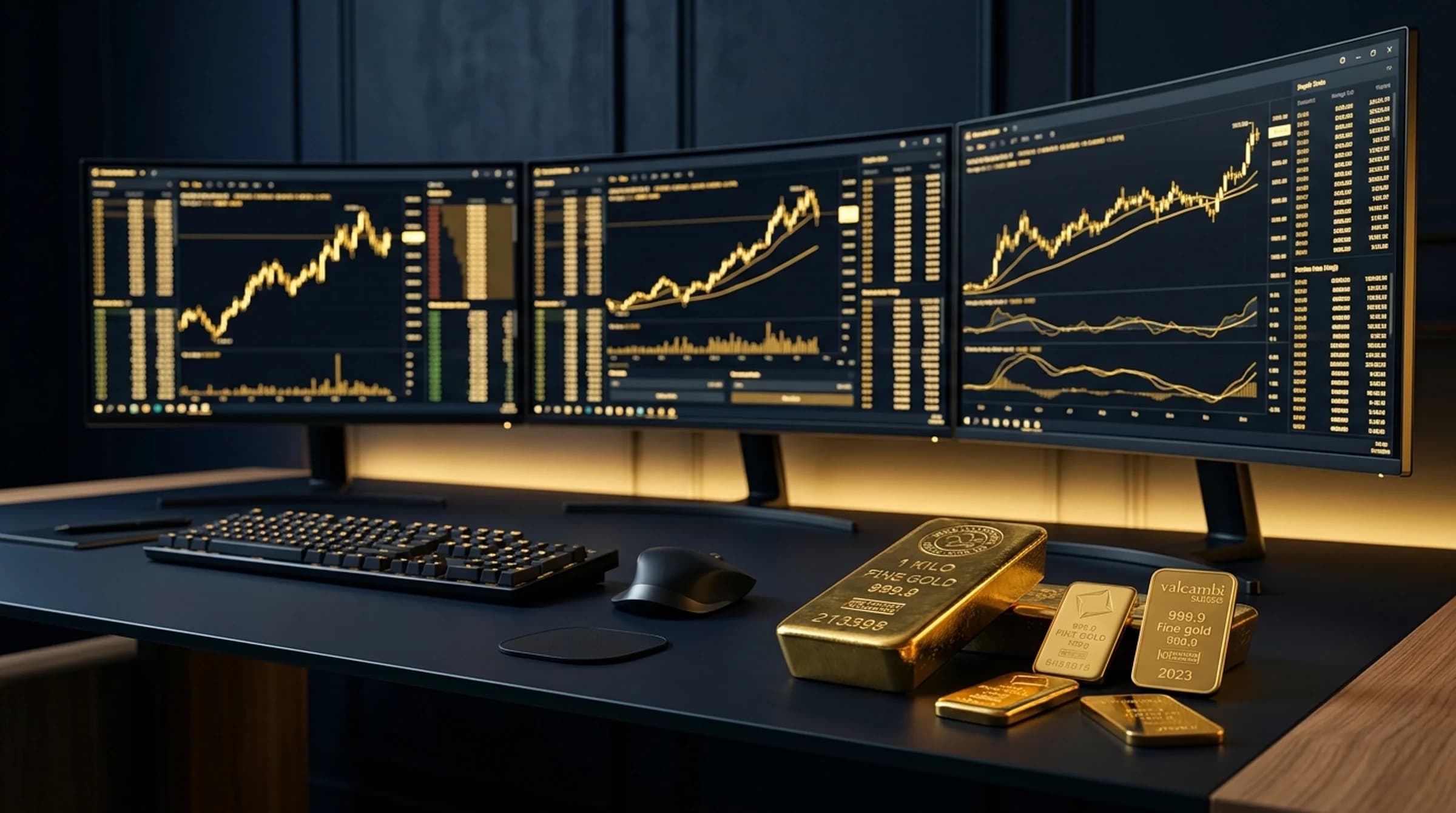 Institutional XAUUSD trading guide illustration showing gold bullion bars, candlestick charts, and contract specifications